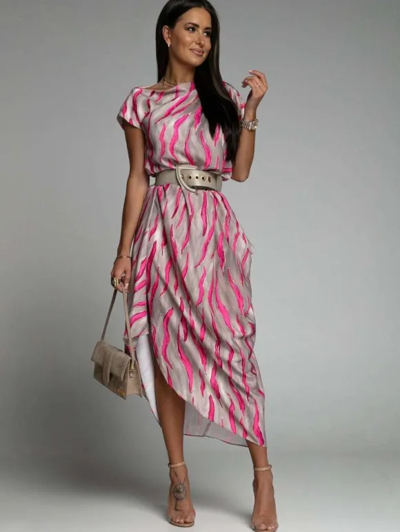 Maxi Dress Bateau Neck Short Sleeves Stripes Floor Length Dress