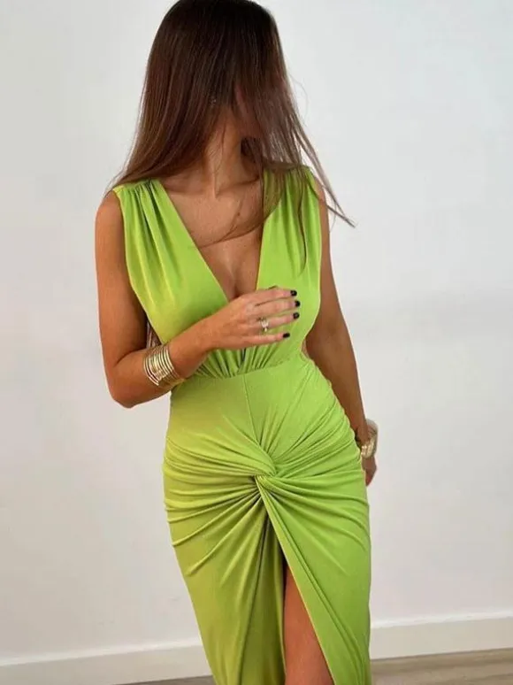 Maxi Dress V-Neck Sleeveless Sexy High-slit Pleated Floor Length Dress