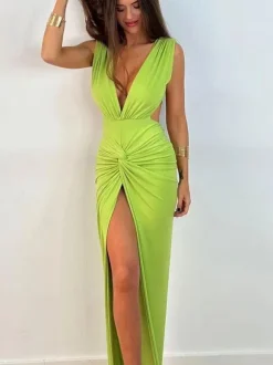 Maxi Dress V-Neck Sleeveless Sexy High-slit Pleated Floor Length Dress