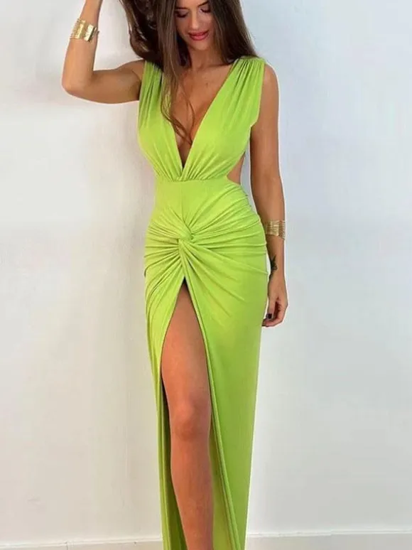 Maxi Dress V-Neck Sleeveless Sexy High-slit Pleated Floor Length Dress
