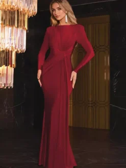 Maxi Dress With Knotted Waist Long Sleeve Pleated Semi-Formal Party Long Dress For Women 2026
