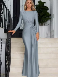 Maxi Dress With Knotted Waist Long Sleeve Pleated Semi-Formal Party Long Dress For Women 2026