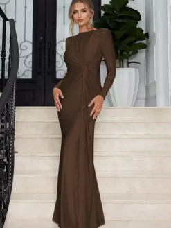 Maxi Dress With Knotted Waist Long Sleeve Pleated Semi-Formal Party Long Dress For Women 2026