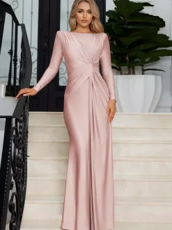 Maxi Dress With Knotted Waist Long Sleeve Pleated Semi-Formal Party Long Dress For Women 2026