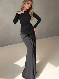 Maxi Dress With Knotted Waist Long Sleeve Pleated Semi-Formal Party Long Dress For Women 2026