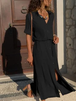 Maxi Dresses Long Sleeves Chiffon Shirt Dress