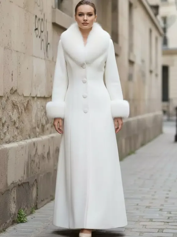Maxi White Woolen Coat with Faux Fur Collar And Cuffs For Women 2026