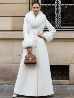Maxi White Woolen Coat with Faux Fur Collar And Cuffs For Women 2026