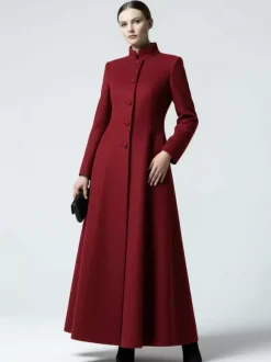 Maxi Wool Blend A-Line Coat with Stand Collar For Women 2026