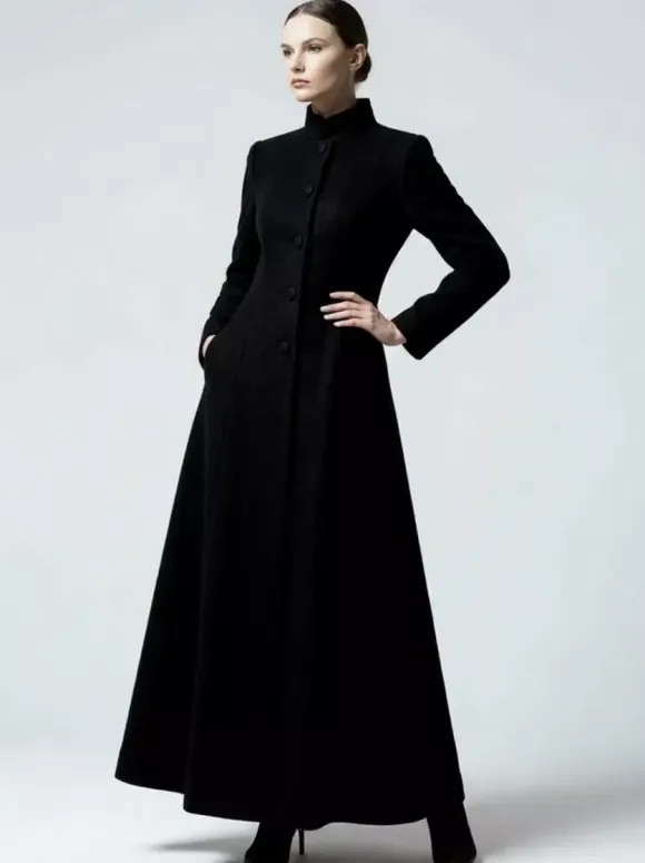 Maxi Wool Blend A-Line Coat with Stand Collar For Women 2026