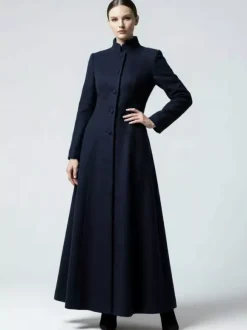 Maxi Wool Blend A-Line Coat with Stand Collar For Women 2026
