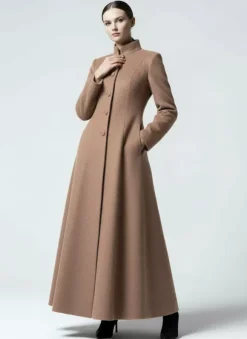 Maxi Wool Blend A-Line Coat with Stand Collar For Women 2026