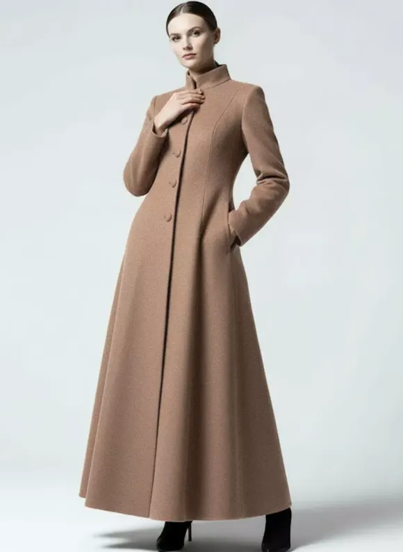 Maxi Wool Blend A-Line Coat with Stand Collar For Women 2026