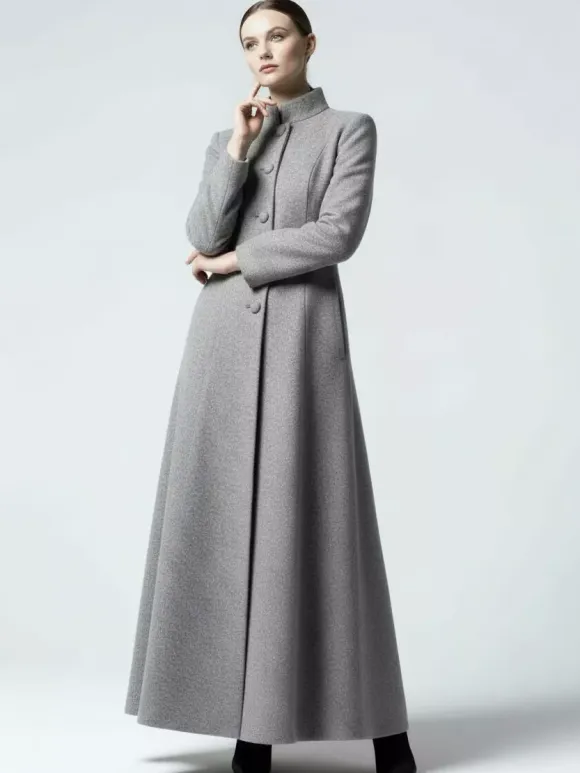 Maxi Wool Blend A-Line Coat with Stand Collar For Women 2026