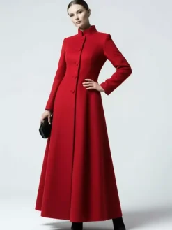 Maxi Wool Blend A-Line Coat with Stand Collar For Women 2026