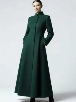 Maxi Wool Blend A-Line Coat with Stand Collar For Women 2026