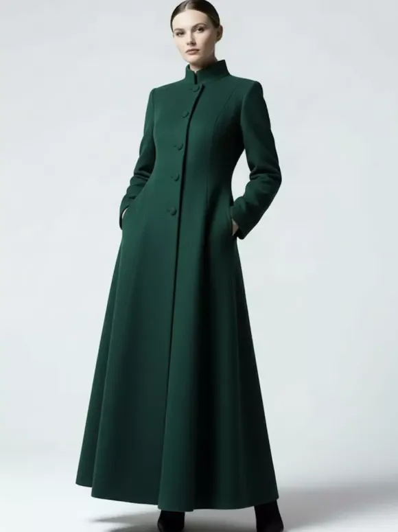 Maxi Wool Blend A-Line Coat with Stand Collar For Women 2026