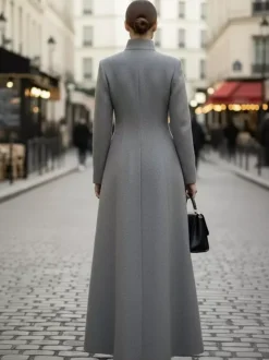 Maxi Wool Blend A-Line Coat with Stand Collar For Women 2026