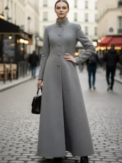 Maxi Wool Blend A-Line Coat with Stand Collar For Women 2026