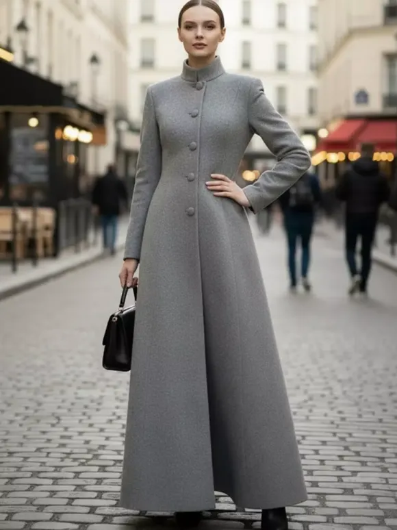 Maxi Wool Blend A-Line Coat with Stand Collar For Women 2026