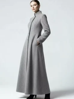 Maxi Wool Blend A-Line Coat with Stand Collar For Women 2026