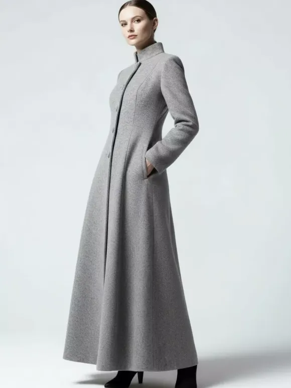 Maxi Wool Blend A-Line Coat with Stand Collar For Women 2026