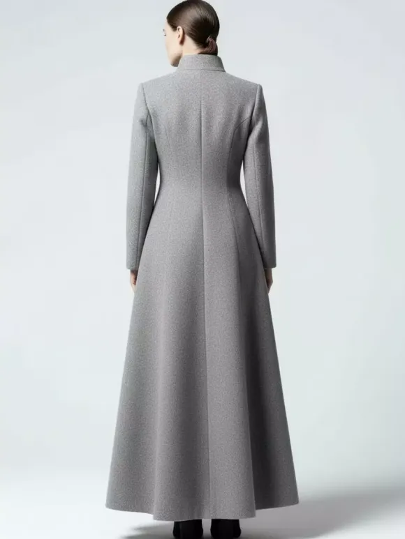 Maxi Wool Blend A-Line Coat with Stand Collar For Women 2026