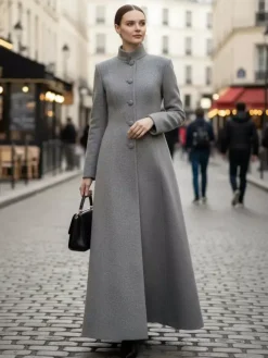 Maxi Wool Blend A-Line Coat with Stand Collar For Women 2026