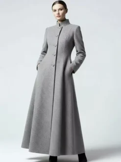 Maxi Wool Blend A-Line Coat with Stand Collar For Women 2026