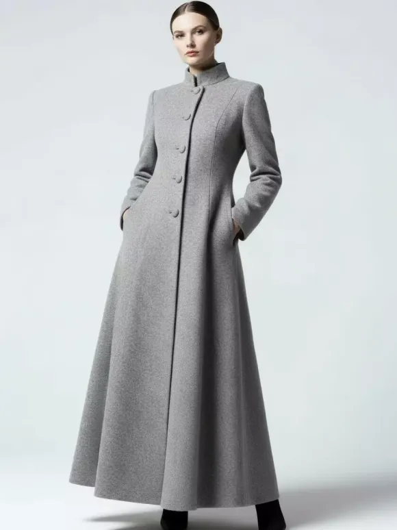 Maxi Wool Blend A-Line Coat with Stand Collar For Women 2026