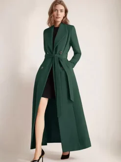 Maxi Woolen Coat For Women Double-breasted Large Lapel Belted A-line Full Length Winter Outerwear 2026