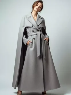 Maxi Double-breasted Woolen Coat With Detachable Cape And Belt For Women 2026