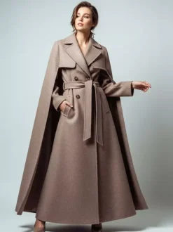 Maxi Double-breasted Woolen Coat With Detachable Cape And Belt For Women 2026