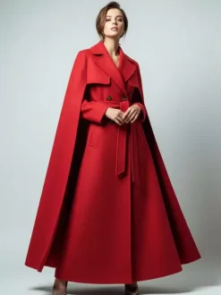 Maxi Double-breasted Woolen Coat With Detachable Cape And Belt For Women 2026