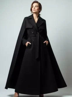 Maxi Double-breasted Woolen Coat With Detachable Cape And Belt For Women 2026