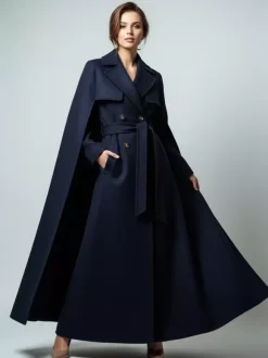 Maxi Double-breasted Woolen Coat With Detachable Cape And Belt For Women 2026