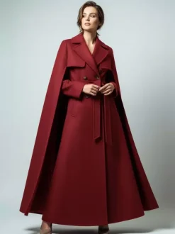 Maxi Double-breasted Woolen Coat With Detachable Cape And Belt For Women 2026