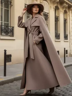 Maxi Double-breasted Woolen Coat With Detachable Cape And Belt For Women 2026