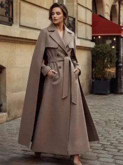 Maxi Double-breasted Woolen Coat With Detachable Cape And Belt For Women 2026