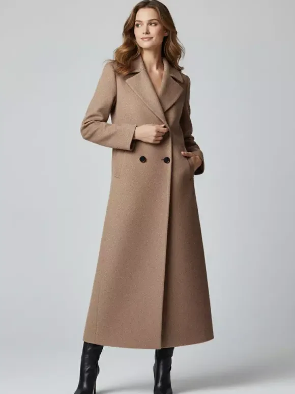 Maxi Double-breasted Woolen Coat in Sophisticated Straight Cut For Women 2026
