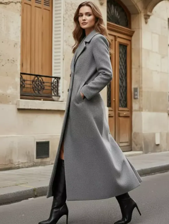Maxi Double-breasted Woolen Coat in Sophisticated Straight Cut For Women 2026