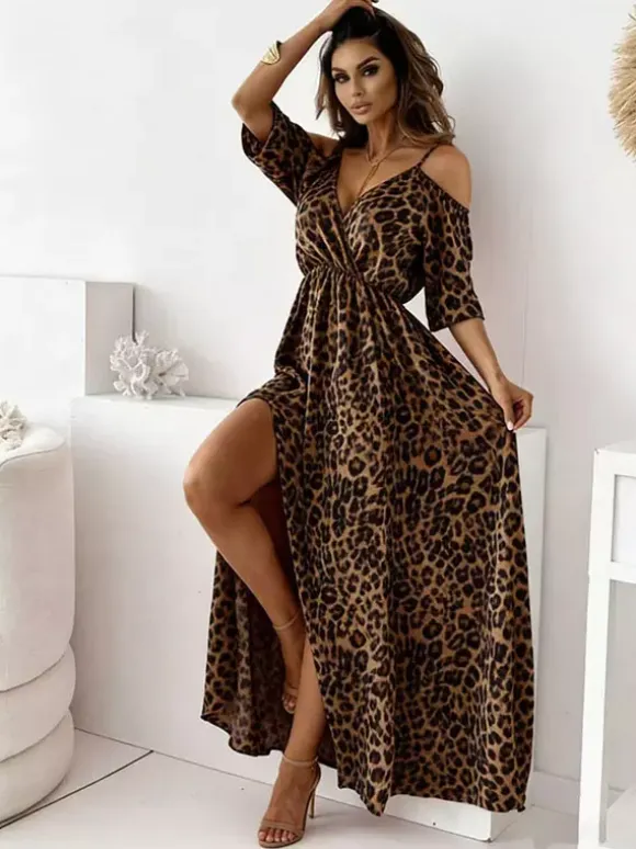 Maxi Dresses V-Neck Short Sleeves Animal Print Asymmetrical Floor Length Dress