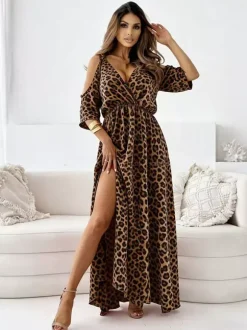Maxi Dresses V-Neck Short Sleeves Animal Print Asymmetrical Floor Length Dress