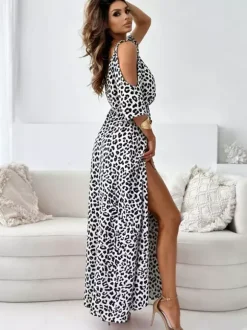 Maxi Dresses V-Neck Short Sleeves Animal Print Asymmetrical Floor Length Dress