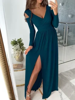 Maxi Dress V-Neck Cold Shoulder Layered Cut Out Sexy Slit Prom Dress