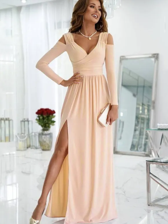Maxi Dress V-Neck Cold Shoulder Layered Cut Out Sexy Slit Prom Dress
