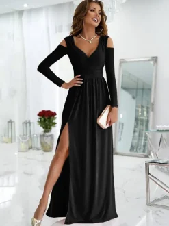 Maxi Dress V-Neck Cold Shoulder Layered Cut Out Sexy Slit Prom Dress