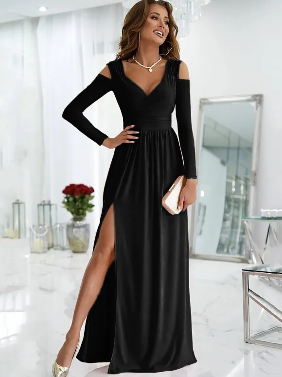 Maxi Dress V-Neck Cold Shoulder Layered Cut Out Sexy Slit Prom Dress
