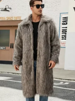 Maxi Men's Faux Fur Coat Long-Sleeved Light Gray Jacket with Turn-Down Collar