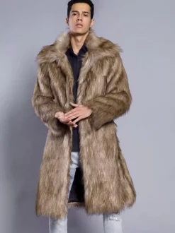 Maxi Men's Faux Fur Coat Long-Sleeved Light Gray Jacket with Turn-Down Collar